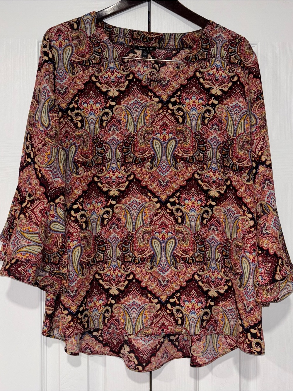 Sami & Jo Womens Paisley Print Long Sleeve Blouse Burgundy Bell Sleeve XL